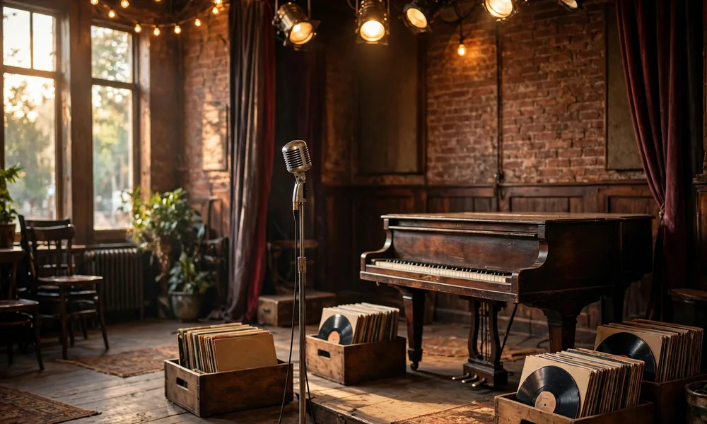 A vintage microphone on a dark stage in memory of Etta James era of blues and soul