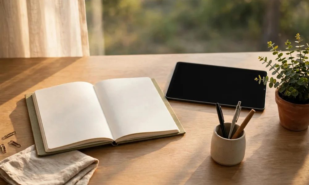 A clean digital workspace with organized notes, tags and folders on a laptop screen
