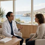A patient talking with a doctor about stem cell treatment options in a clinic
