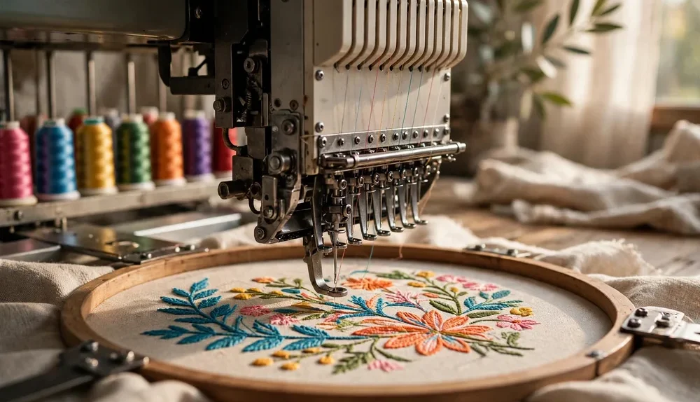 An embroidery machine stitching a colourful logo design