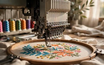 An embroidery machine stitching a colourful logo design