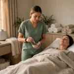 A clinician explaining dermal filler treatment to a patient before a session