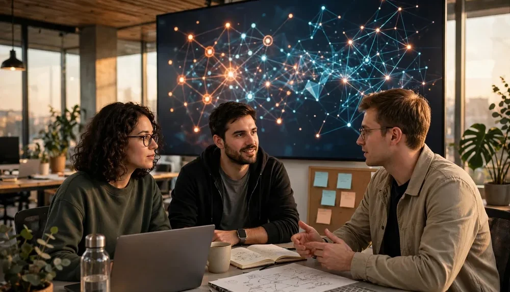 A business team reviewing a blockchain network diagram on a screen