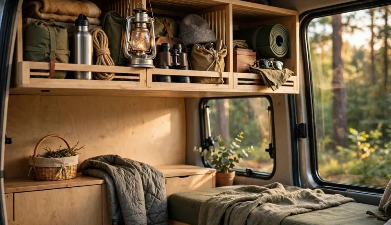 A custom plywood overhead storage shelf fitted above the cab of a camper van