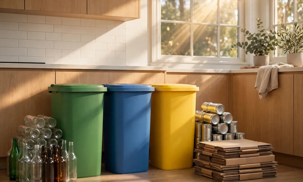 A neat home recycling station with separate bins for paper, plastic, metal and glass