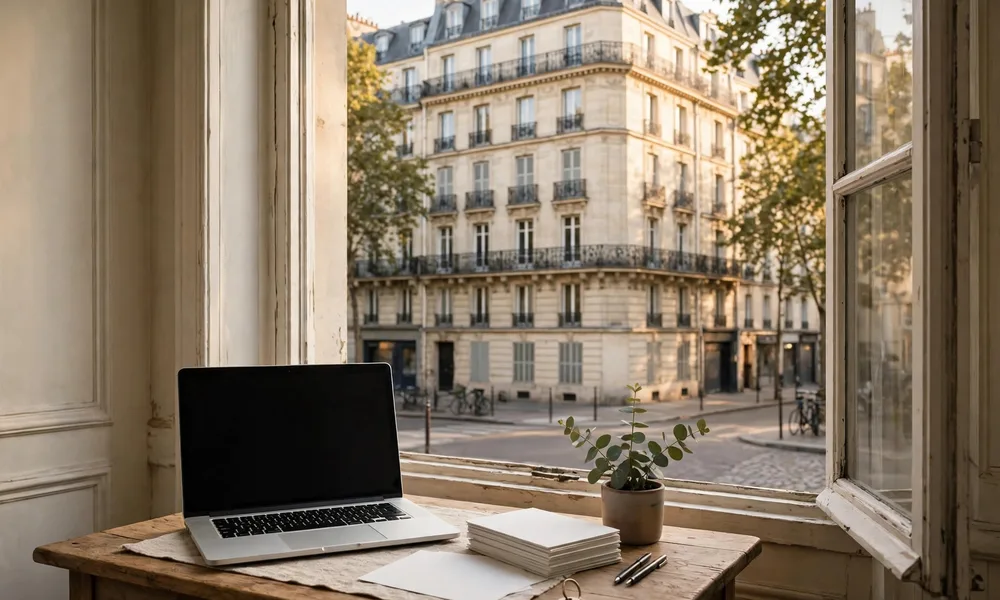 Estate agent reviewing private property listings on a laptop in France