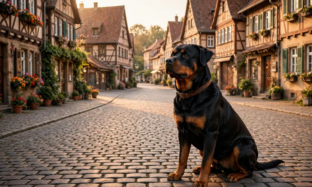 A strong black and tan Rottweiler dog standing alert outdoors