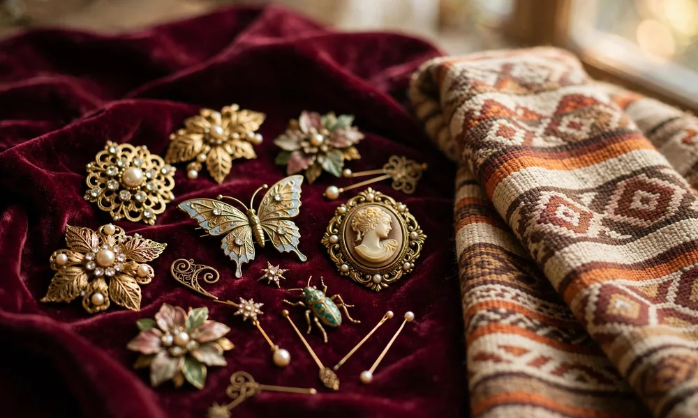A collection of decorative brooches pinned on a jacket lapel