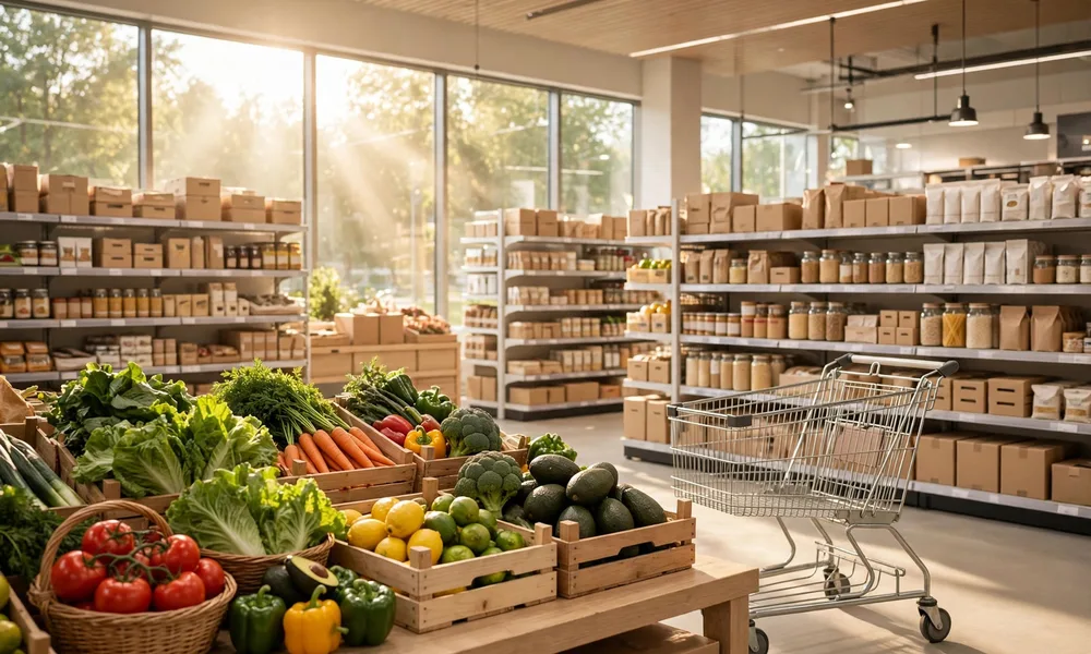 A bright modern supermarket aisle with fresh food and clear signs